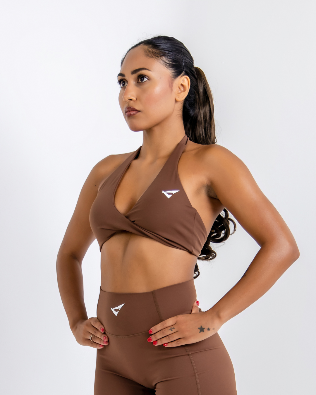 Forge Brown Vital flow Sports Bra by Lacobra with supportive fit for gym workouts, running, and training.