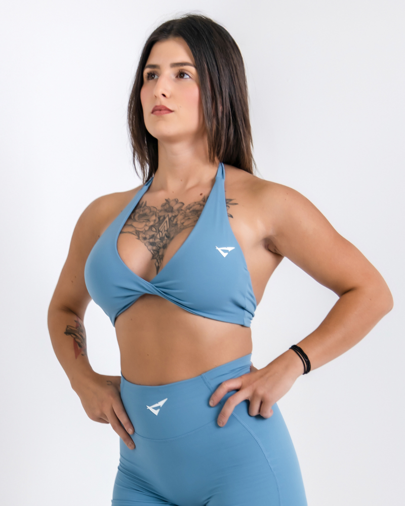 sky wave Blue Vital flow Sports Bra by Lacobra with supportive fit for gym workouts, running, and training.